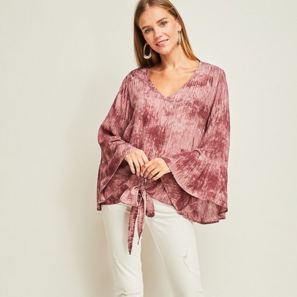 Flare Sleeve V Neck tie Front Blouse